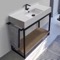 Console Sink Vanity With Ceramic Sink and Natural Brown Oak Shelf